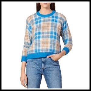 SANDRO Poesa Plaid Crew Neck Sweater in Ciel
